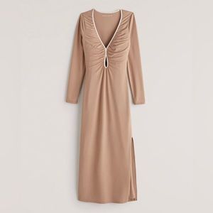 NWOT Abercrombie & Fitch Long-Sleeve Keyhole Knit Midi Dress in tan